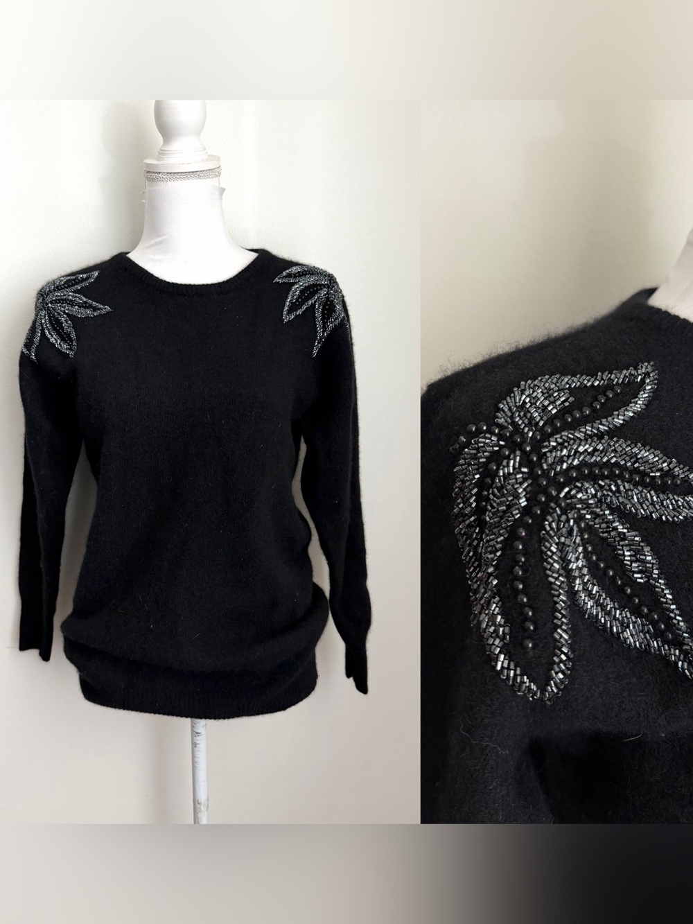 1980s Black Lambswool/Angora Pullover Knit Sweater with Beaded Shoulders M/L